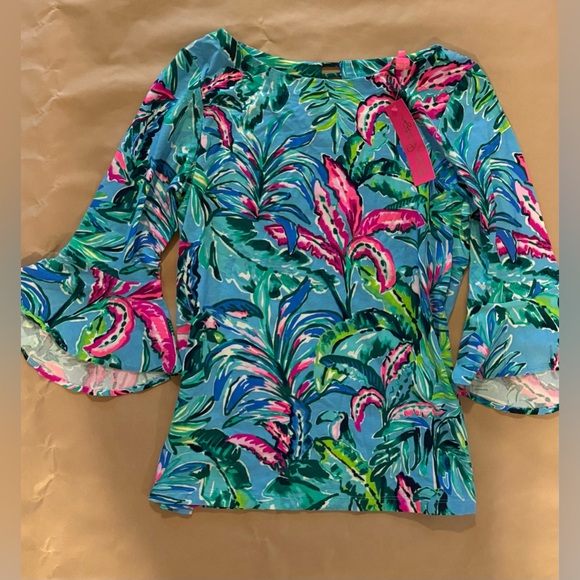 Lilly Pulitzer Fontaine Top Cotton 3/4 Sleeve Porto Blue In The Trees Size Large - Picture 6 of 7